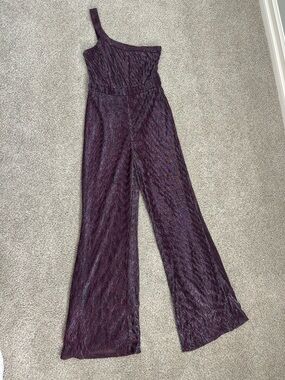 One-Shoulder Purple Glitter Wide-Leg Jumpsuit